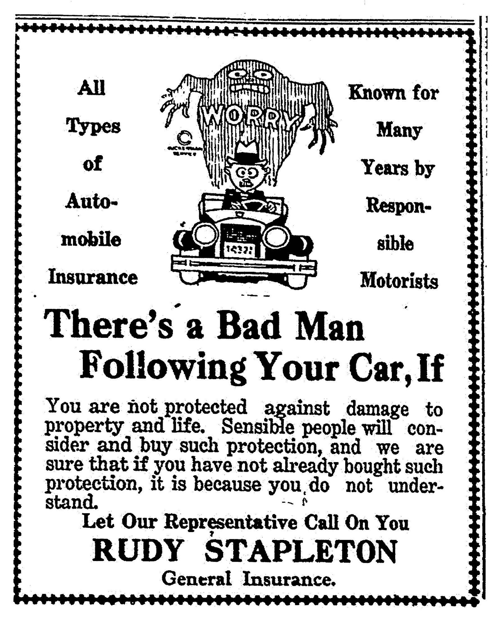 1930 newspaper ad for Rudy Stapleton General Insurance automobile coverage