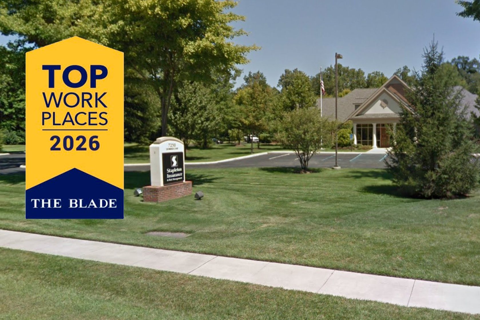 The Blade 2026 Top Workplaces badge in front of Stapleton's Crossleigh Court office