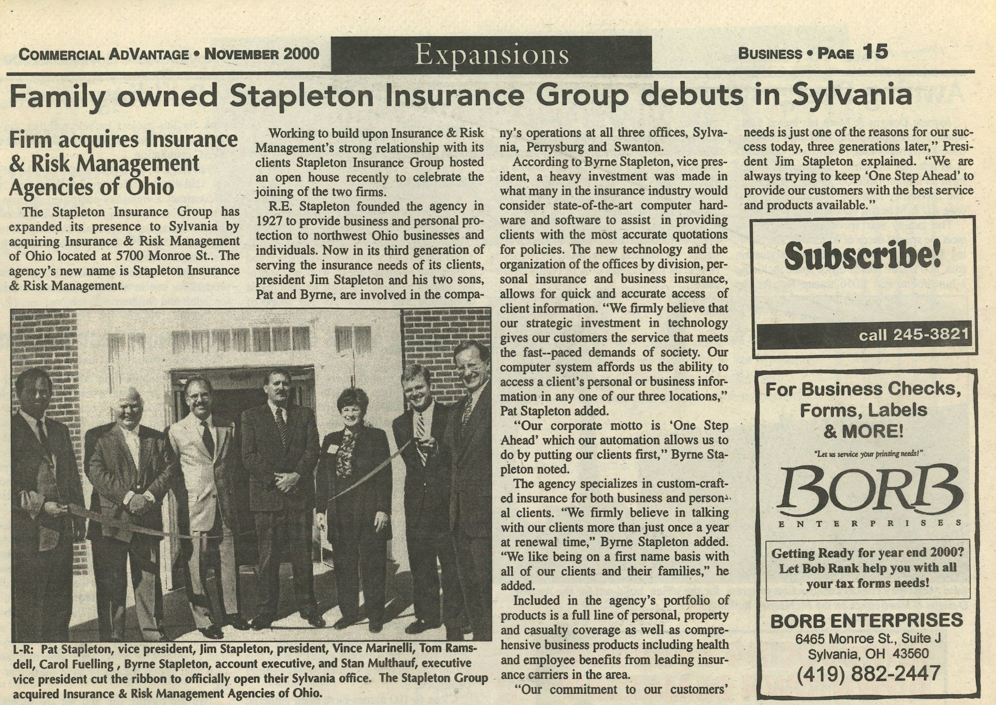 November 2000 newspaper article: Family owned Stapleton Insurance Group debuts in Sylvania, with a ribbon-cutting photo