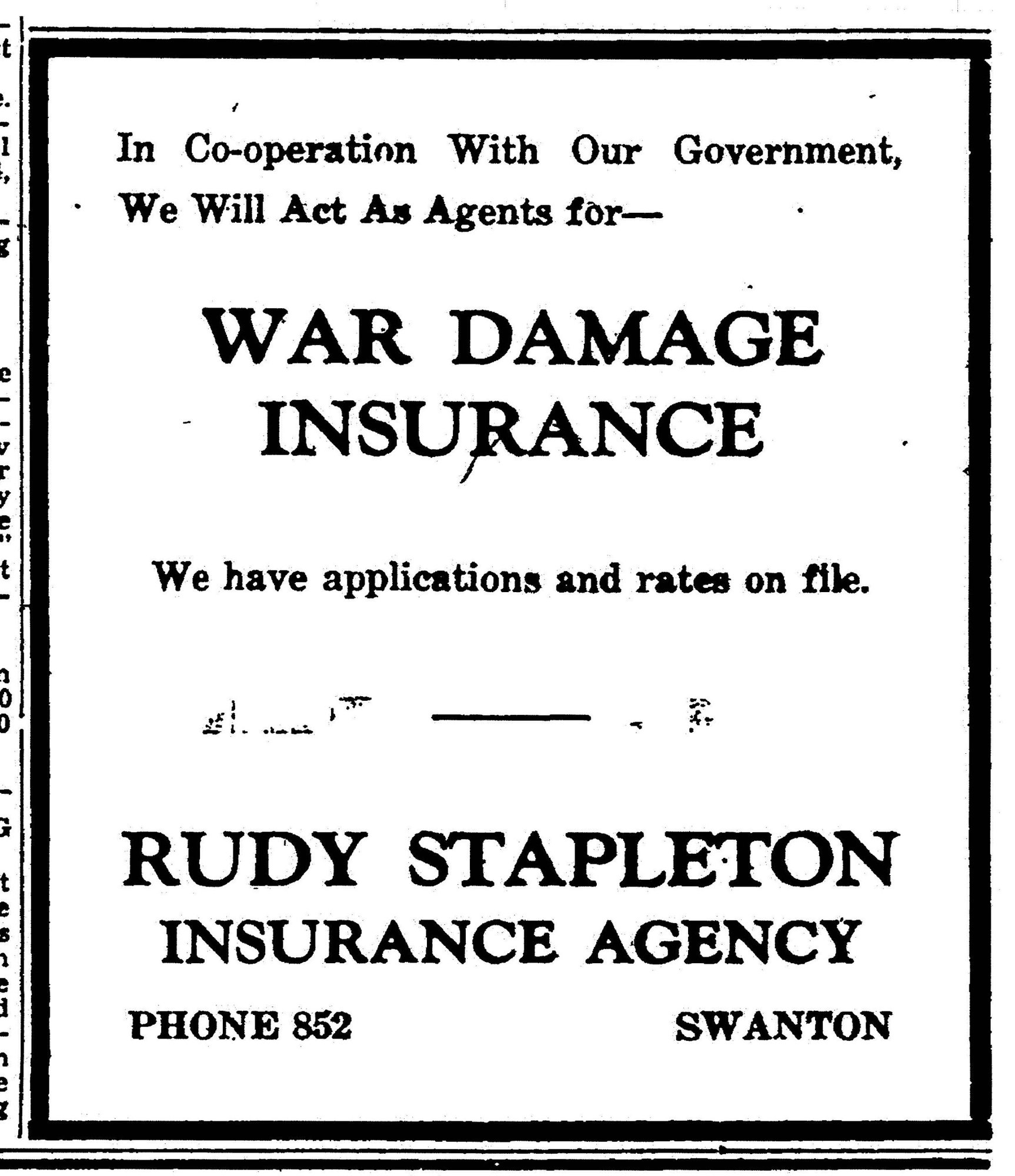 World War II era newspaper ad for War Damage Insurance from the Rudy Stapleton Insurance Agency, Swanton